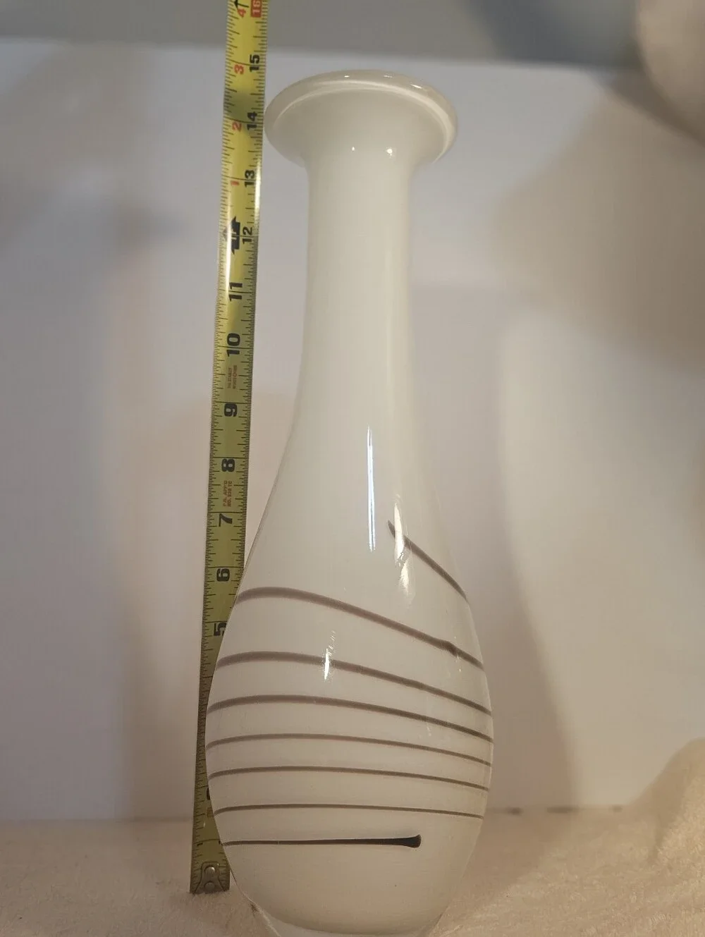Tall 14” Vintage MCM Murano Style White Cased Glass Vase Striped Red Accent